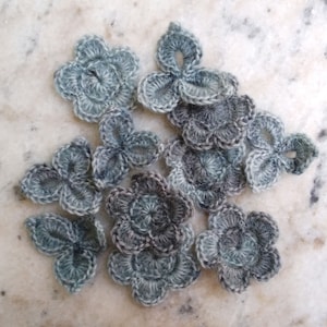 Woolen crochet flowers shamrocks Mohair applique Set of 11 Clothes Hats Mittens Interior decor