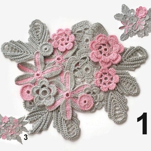 Crochet flowers and leaves pink grey Irish crochet lace applique with lurex