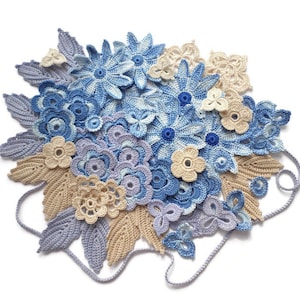 Crochet flowers and leaves Romanian cord beige blue denim Irish crochet lace applique Set of 55 Scrapbook Clothes hats cards Boho decor