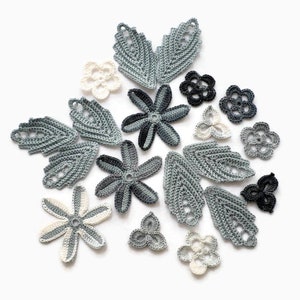 Irish crochet flowers leaves applique, set of 19 grey floral motifs, clothes, hats, cards, interior decor
