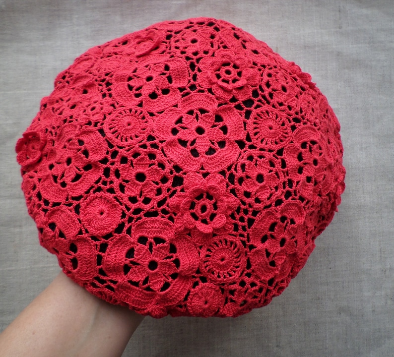 Irish crochet red hat Ladies summer beret