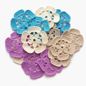 Irish crochet cotton flowers, set of 12 fine embellished for clothes, hats, dolls, interior decor