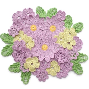 Crochet flower leaf motifs Floral applique with lurex Irish crochet Scrapbook Clothes hats cards decor
