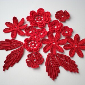 Cotton crochet flowers, red Irish crochet decor, scrapbook, card making elements, interior decor
