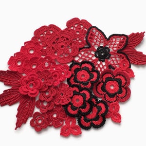 Crochet flowers, red black Irish crochet decor, floral applique set of 25