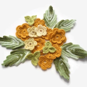 Mohair crochet set of 19 leaves shamrocks flowers Woolen applique Irish crochet decor Inspiration kit Clothes Hats Mittens decor