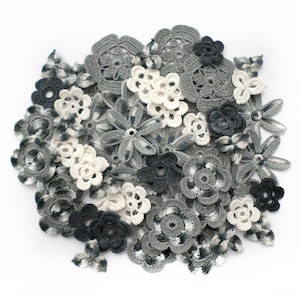 Crochet flowers Grey white set of 53 Irish crochet decor Floral applique