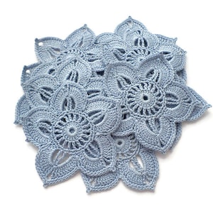 Crochet flower motifs Set of 3 blue denim applique Irish crochet denim decor Party decor, clothes Hats embellishment Scrapbook Cards decor