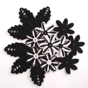 Crochet flower motifs set of 15 black-white lace decor, floral applique, Gothic style decor