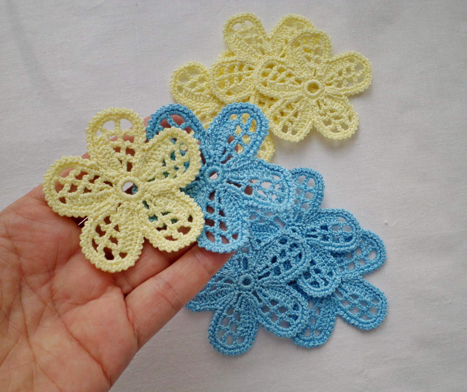 Crochet Flower Motifs Yellow Blue Flower Applique Irish Etsy