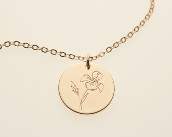 Iris Necklace ∙ February Birth Flower Necklace ∙ Iris Flower Engraved Necklace ∙ Birth Month Flower Jewelry ∙ February Birthday Gift Mom Her