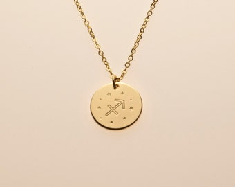 Zodiac Astrology Celestial Star Sign Pendant Necklace Gif Sagittarius Charm Constellation Disc Jewelry