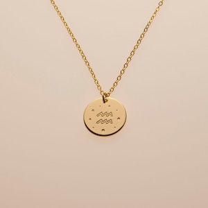 Zodiac Astrology Celestial Star Sign Pendant Necklace Gif Aquarius Charm Constellation Disc Jewelry