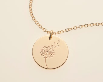 Dandelion Make a Wish Flower Pendant Necklace Wildflower Floral Disk Jewelry Mothers Day Gift for Sister, Daughter, Friend, Her, Women