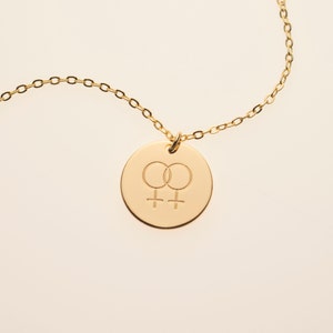 Double Female Venus Symbol Lesbian LGBTQ Disc Charm Necklace