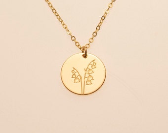 Maiglöckchen Mai Geburt Blume Zierliche Anhänger Halskette Floral Disc Charm Geburtstagsgeschenk für Sie