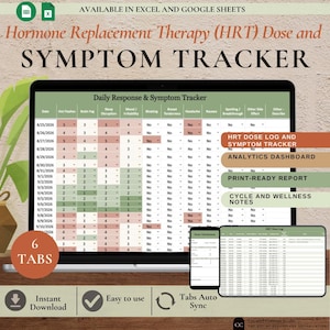 Op de afbeelding: Een digitaal spreadsheet voor het bijhouden van hormoonvervangende therapie (HRT) doses en symptomen, weergegeven op een laptop en mobiel apparaat. De interface bevat een dagelijks logboek met kolommen voor symptomen zoals opvliegers en slaapstoornissen.