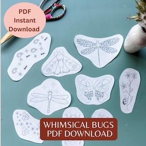Può includere: Una collezione di disegni di insetti stravaganti per ricamo o artigianato. I disegni includono farfalle, libellule e coccinelle, con il testo "PDF Instant Download" e "Whimsical Bugs PDF Download". I disegni sono su tessuto bianco.