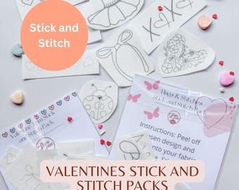 May include: A set of Valentine's Day themed stick and stitch packs. The packs include various designs such as a ladybug, a heart with flowers, a ballerina, and a headband. The instructions on the packaging say "Peel off chosen design and stitch onto your fabric".