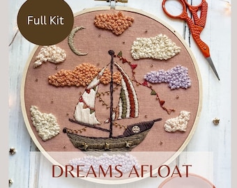 Dreams Afloat Kit- Full Kit- Whimsical Embroidery Kit - Sailboat- Starry Sky