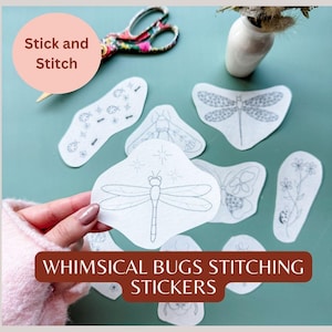 May include: A collection of whimsical bug stitching stickers, featuring dragonfly, butterfly, and other insect designs. The stickers are white with black outlines, and the text "WHIMSICAL BUGS STITCHING STICKERS" is displayed on a brown banner. The image also includes scissors and the text "Stick and Stitch".