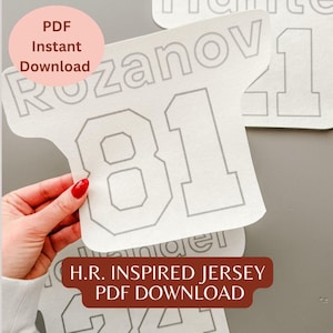 May include: A white jersey template with the name "Rozanov" and the number "81" printed in gray. The image includes text that says "PDF Instant Download" and "H.R. Inspired Jersey PDF Download".