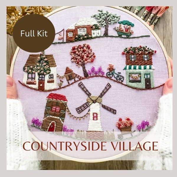 The Countryside Village- Whimsical Hand Embroidery Kit- DIY Spring Craft- Charming Art- Hand Stitched Art - With Instructions and Tutorials