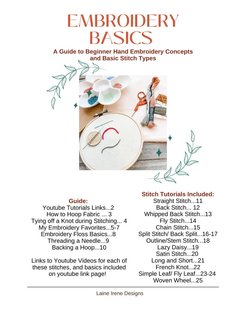 May include: A guide to embroidery basics with a list of stitch tutorials, including straight stitch, back stitch, whipped back stitch, fly stitch, chain stitch, split stitch, outline stitch, lazy daisy, satin stitch, long and short stitch, French knot, simple leaf, woven wheel, and more.  The guide also includes links to YouTube videos for each stitch.