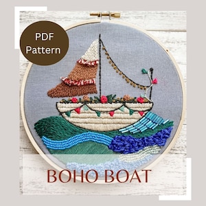 Boho Boat- PDF PATTERN ONLY - Includes Instructional Guide -Sail Boat Embroidery Pattern -Instant Download - Beginner Friendly Pattern