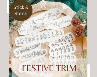 Festive Trim Stick and Stitch Pack - Modern Embroidery DIY - Christmas Embroidery Designs - Festive Craft - DIY Christmas Craft