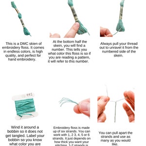 May include: A close-up of a skein of DMC embroidery floss. The floss is a light blue color and is wound around a white bobbin. The bobbin is labeled with the number 992. The text "The Basics of Embroidery Floss" is at the top of the image.