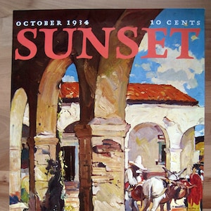 Póster de papel grande de la revista Sunset, octubre de 1934, New Old Stock, ilustrado por Maurice Logan