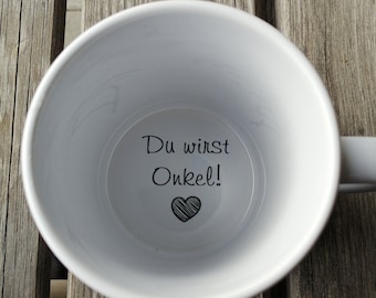 Tasse Du wirst Onkel, Kaffeetasse, Schwangerschaftsankündigung, Schwangerschaftsanzeige, Unterseite, versteckte Botschaft, geheime Botschaft