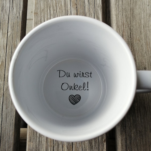 Tasse Du wirst Onkel, Kaffeetasse, Schwangerschaftsankündigung, Schwangerschaftsanzeige, Unterseite, versteckte Botschaft, geheime Botschaft