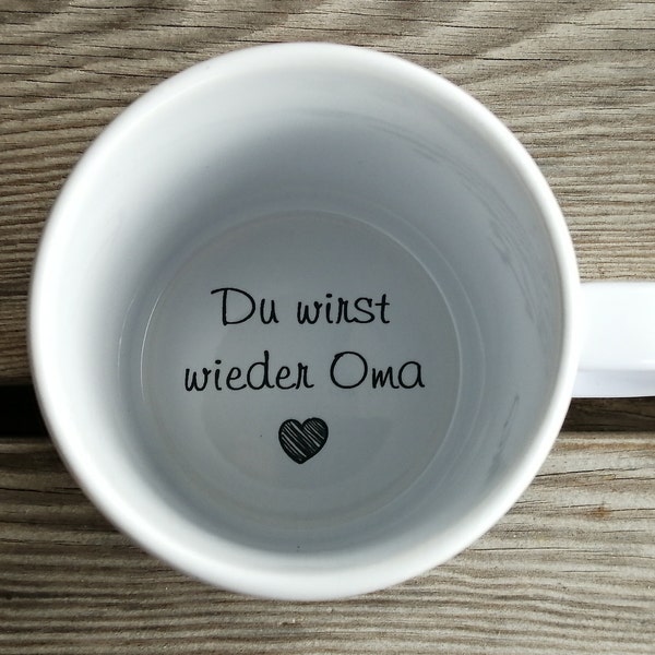 Tasse Du wirst wieder Oma, Kaffeetasse, Schwangerschaftsankündigung, Schwangerschaftsanzeige, Unterseite, versteckte Botschaft, Botschaft