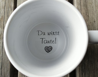 Tasse Du wirst Tante, Kaffeetasse, Schwangerschaftsankündigung, Schwangerschaftsanzeige, Unterseite, versteckte Botschaft, geheime Botschaft