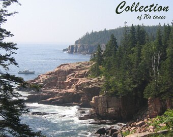 May include: A scenic view of a rocky coastline with a boat in the distance. The image is titled "Collection of 70s tunes" and features the text "John Tercyak Guitar & Vocals".