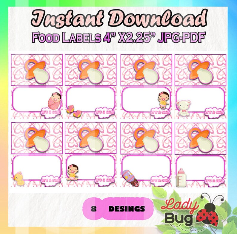 Food Tent Labels 8 desings 50/% OFF SALE Girl Baby shower Girl Baby-Welcome party Instant Download Blank