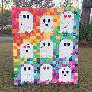 Quilt Kit for Rainbow Ghost Party by Woolly Petals; 30 Rainbow FATTER Eighths, 8 LV FQs, 1 Black FQ, Half-Yard Star Fabric (Fabric Only)