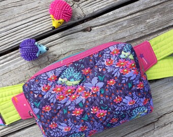 Alpen Belt Bag made with Tula Pink's Who's Your Dandy in Glimmer; Quilted Fanny Pack or Crossbody Bag in Purple, Pink, Blue, and Lime Green