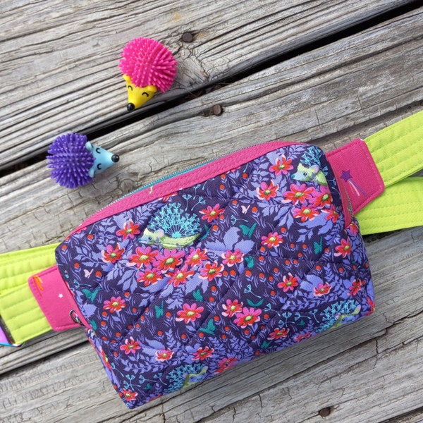 Alpen Belt Bag made with Tula Pink's Who's Your Dandy in Glimmer; Quilted Fanny Pack or Crossbody Bag in Purple, Pink, Blue, and Lime Green