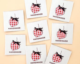 Minki Kim - Check Strawberry "Handmade" Woven Labels; Set of 8 Labels; Approx. 2" x 2" each