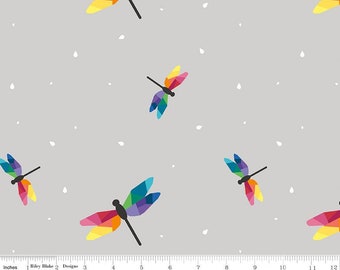 Imagine - Dragonfly Flight on Gray by Kristy Lea of Quiet Play for Riley Blake Designs, Rainbow Quilting Cotton, Dragonfly Fabric