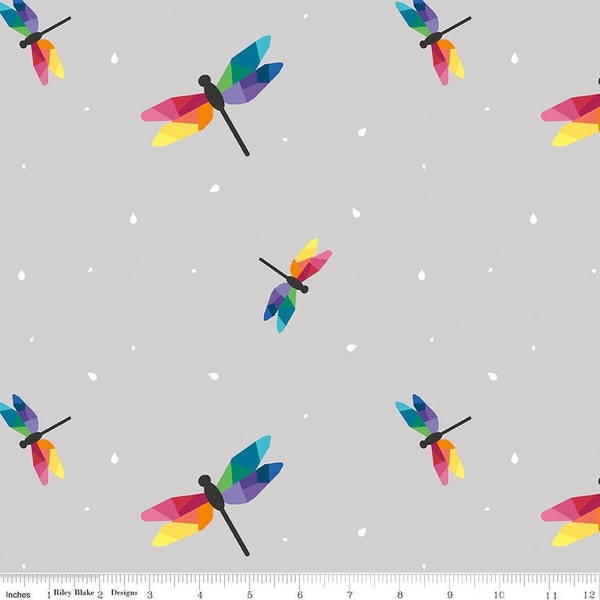 Imagine - Dragonfly Flight on Gray by Kristy Lea of Quiet Play for Riley Blake Designs, Rainbow Quilting Cotton, Dragonfly Fabric