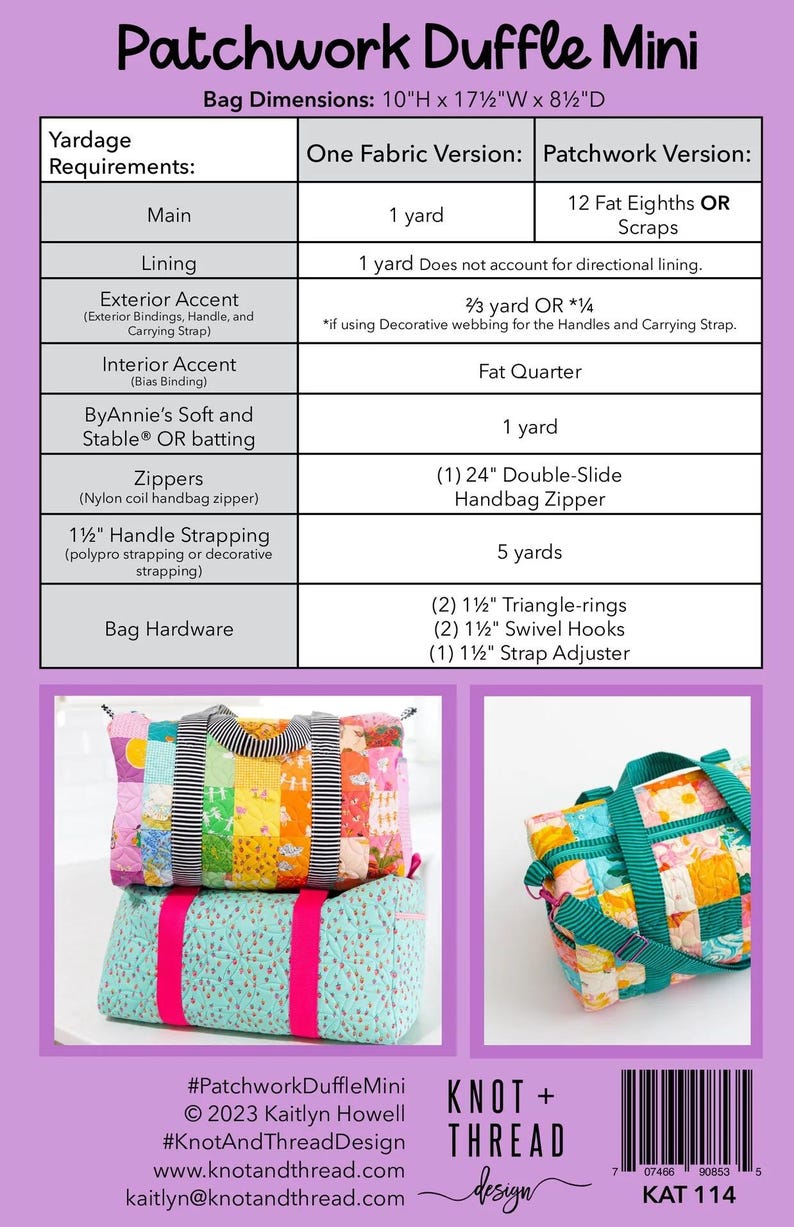 Patchwork Duffle Mini PAPER Pattern by Knot and Thread Designs - Etsy
