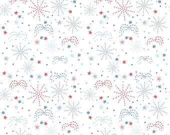 Firework Fields Fireworks on White by Gracey Larson for Riley Blake Designs; Patriotic Quilting Fabric