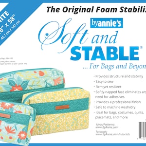 May include: White foam stabilizer for sewing, 18 inches by 58 inches, by Annie's. The foam stabilizer is soft and stable, providing structure and stability for bags and beyond. It is easy to sew, firm yet resilient, and eliminates the need for adhesives. It is safe to machine wash and dry. The image shows three bags made with the foam stabilizer, each with a different fabric pattern.