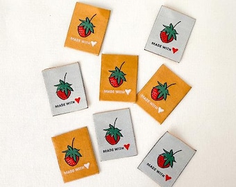 Minki Kim Made With Love Woven Labels Featuring Strawberries; Set of 8 Labels, Double Sided & Machine Washable; Approx. 1" x 1.25" each