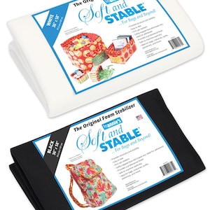 May include: Two packages of ByAnnie's Soft and Stable foam stabilizer in white and black. Each package measures 36 inches by 58 inches and features product information, a barcode, and images of finished fabric projects like baskets and a backpack.