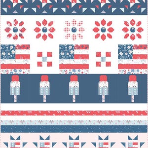 May include: A patriotic quilt pattern featuring red, white, and blue designs. The design includes stars, floral patterns, and stylized American flags. The quilt has a repeating pattern of geometric shapes and floral motifs.